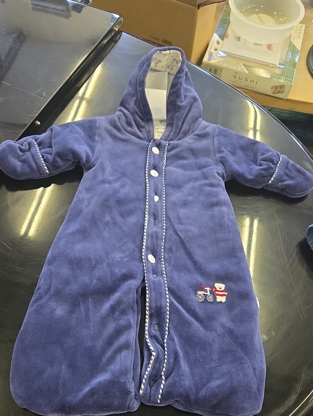 Navy Hooded Baby Sleep Sack Pajamas with Bear Embroidery